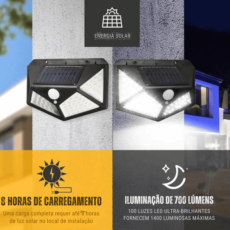 Lâmpada Solar SunPower100 com Sensor de Movimento - Iluminação 360° e Resistência à Água.